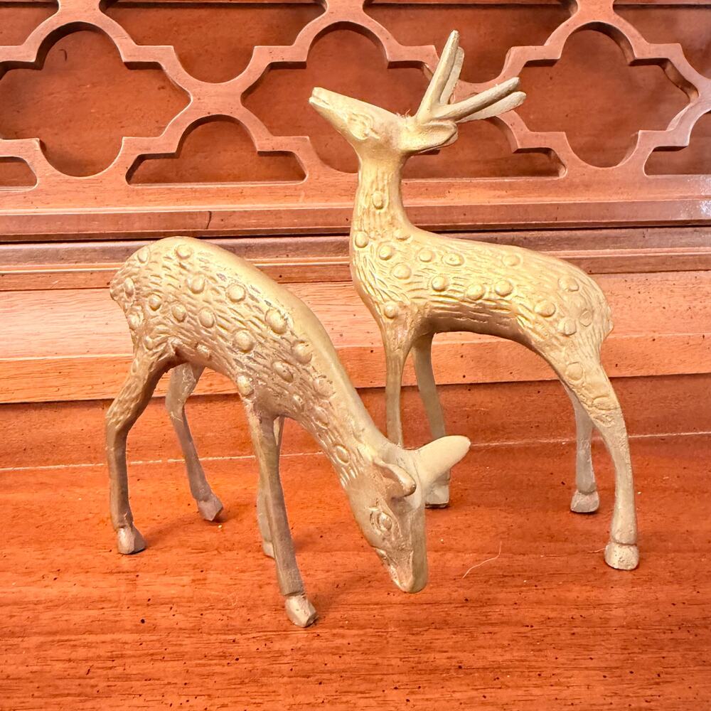 Brass Deer Figurines Set of 2 Buck & Grazing Doe Gold-Tone Decor 7” & 4.5”